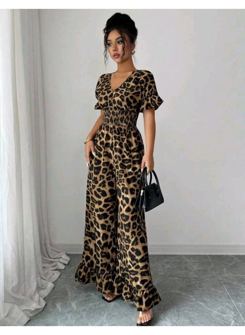 Shein Elenzga Women's Leopard Print Shirred Waist Short Puff Sleeve Wide Leg Jumpsuit - Image 5
